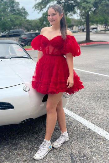 Pink A Line Off The Shoulder Corset Tulle Short Homecoming Dress