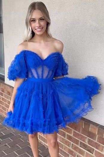 Pink A Line Off The Shoulder Corset Tulle Short Homecoming Dress