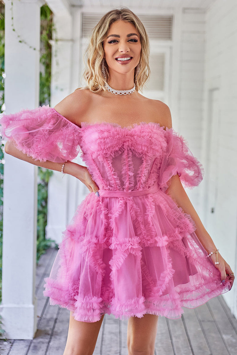 Load image into Gallery viewer, Hot Pink A Line Off The Shoulder Corset Tulle Short Homecoming Dress