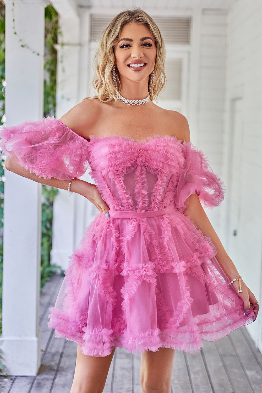 Hot Pink A Line Off The Shoulder Corset Tulle Short Homecoming Dress