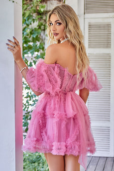 Hot Pink A Line Off The Shoulder Corset Tulle Short Homecoming Dress