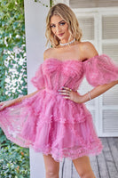 Load image into Gallery viewer, Blue A Line Off The Shoulder Corset Tulle Short Homecoming Dress