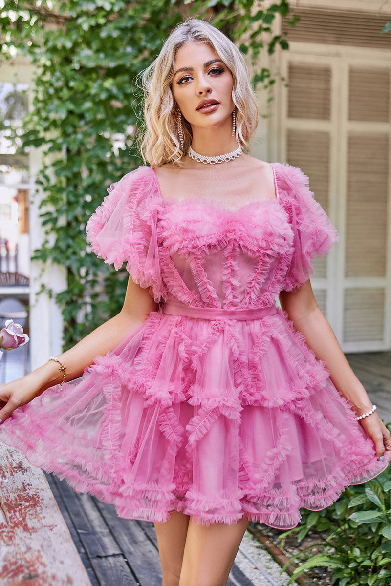 Load image into Gallery viewer, Hot Pink A Line Off The Shoulder Corset Tulle Short Homecoming Dress