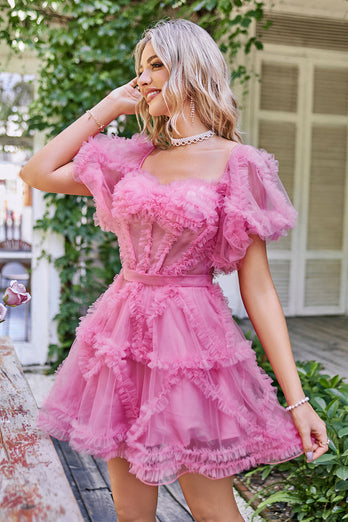 Hot Pink A Line Off The Shoulder Corset Tulle Short Homecoming Dress