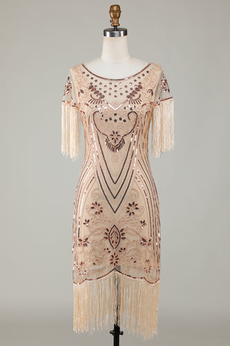 Beaded Fringed Champange 1920s Flapper Dress with Sequins