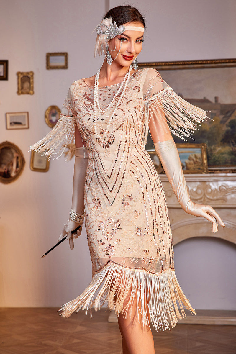 Load image into Gallery viewer, Champagne Boat Neck Sequins Roaring 20s Gatsby Fringed Flapper Dress