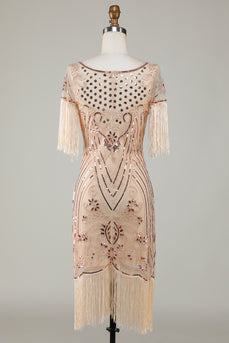 Beaded Fringed Champange 1920s Flapper Dress with Sequins