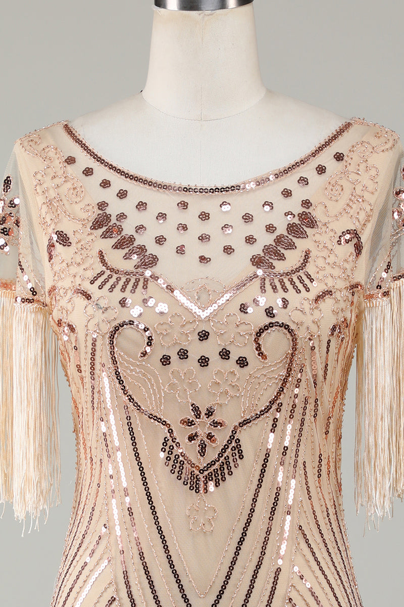 Load image into Gallery viewer, Beaded Fringed Champange 1920s Flapper Dress with Sequins