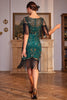 Load image into Gallery viewer, Boat Neck Sequins Green Golden Roaring 20s Gatsby Fringed Flapper Dress
