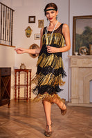 Load image into Gallery viewer, Golden Round Neck Roaring 20s Gatsby Fringed Flapper Dress with Sequins