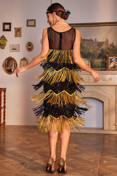Golden Round Neck Roaring 20s Gatsby Fringed Flapper Dress with Sequins