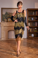 Load image into Gallery viewer, Golden Round Neck Roaring 20s Gatsby Fringed Flapper Dress with Sequins