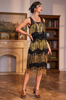 Load image into Gallery viewer, Golden Round Neck Roaring 20s Gatsby Fringed Flapper Dress with Sequins