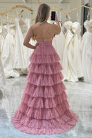 Load image into Gallery viewer, Pink A Line Spaghetti Straps Layered Tulle Prom Dress with Floral Printed