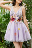 Load image into Gallery viewer, Purple A Line Deep V Neck Open Back Homecoming Dress With 3D Flowers
