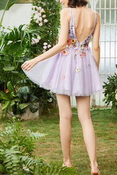 Purple A Line Deep V Neck Open Back Homecoming Dress With 3D Flowers