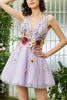 Load image into Gallery viewer, Purple A Line Deep V Neck Open Back Homecoming Dress With 3D Flowers