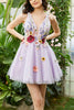 Load image into Gallery viewer, Purple A Line Deep V Neck Open Back Homecoming Dress With 3D Flowers