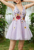 Load image into Gallery viewer, Purple A Line Deep V Neck Open Back Homecoming Dress With 3D Flowers