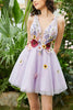 Load image into Gallery viewer, Purple A Line Deep V Neck Open Back Homecoming Dress With 3D Flowers