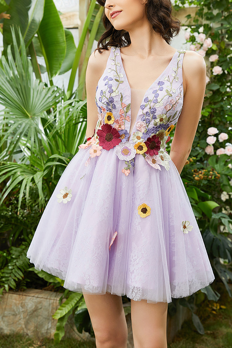 Load image into Gallery viewer, Purple A Line Deep V Neck Open Back Homecoming Dress With 3D Flowers