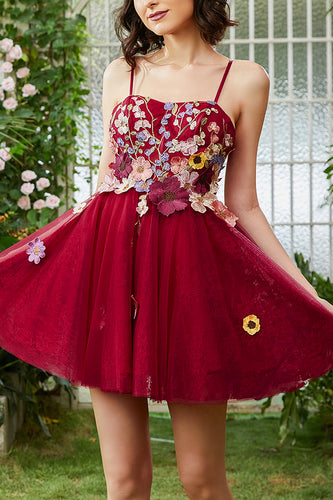 Burgundy A Line Spaghetti Straps Homecoming Dress With 3D Flowers