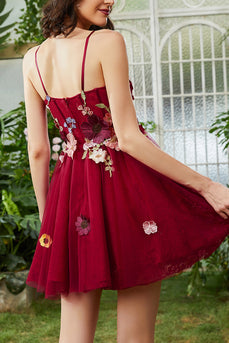 Burgundy A Line Spaghetti Straps Homecoming Dress With 3D Flowers