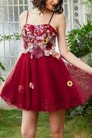 Load image into Gallery viewer, Burgundy A Line Spaghetti Straps Homecoming Dress With 3D Flowers