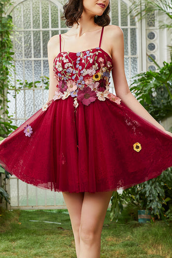 Burgundy A Line Spaghetti Straps Homecoming Dress With 3D Flowers