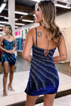 Bodycon Spaghetti Straps Royal Blue Sequins Short Homecoming Dress with Slit