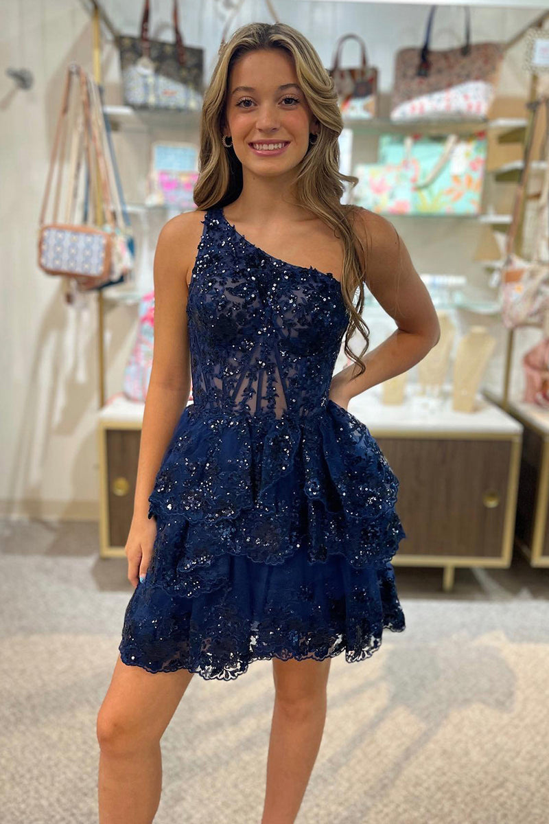 Load image into Gallery viewer, One Shoulder Sparkly Sequin Lace Homecoming Dresses for Teens
