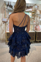 Load image into Gallery viewer, One Shoulder Sparkly Sequin Lace Homecoming Dresses for Teens