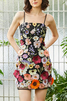Load image into Gallery viewer, Black Spaghetti Straps Floral Printed Homecoming Dress with 3D Flowers