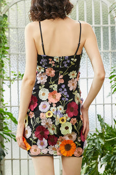 Black Spaghetti Straps Floral Printed Homecoming Dress with 3D Flowers