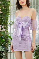 Load image into Gallery viewer, Spaghetti Straps Purple Short Tight Homecoming Dress with Appliques