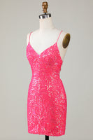 Load image into Gallery viewer, Bodycon Spaghetti Straps Deep V Neck Fuchsia Short Homecoming Dress