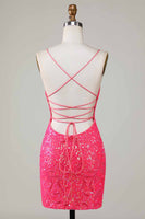 Load image into Gallery viewer, Bodycon Spaghetti Straps Deep V Neck Fuchsia Short Homecoming Dress