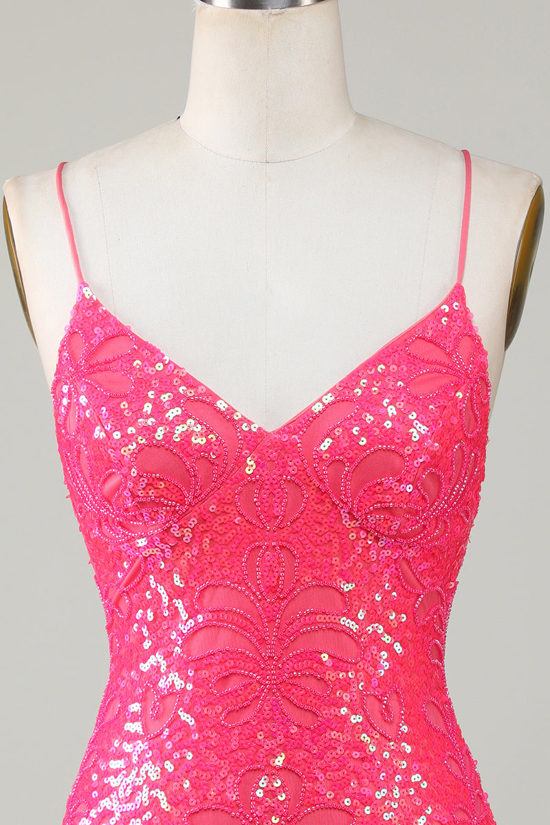 Load image into Gallery viewer, Bodycon Spaghetti Straps Deep V Neck Fuchsia Short Homecoming Dress