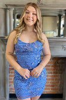 Load image into Gallery viewer, Stylish Bodycon Spaghetti Straps Blue Short Homecoming Dress with Sequins