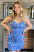 Load image into Gallery viewer, Stylish Bodycon Spaghetti Straps Blue Short Homecoming Dress with Sequins