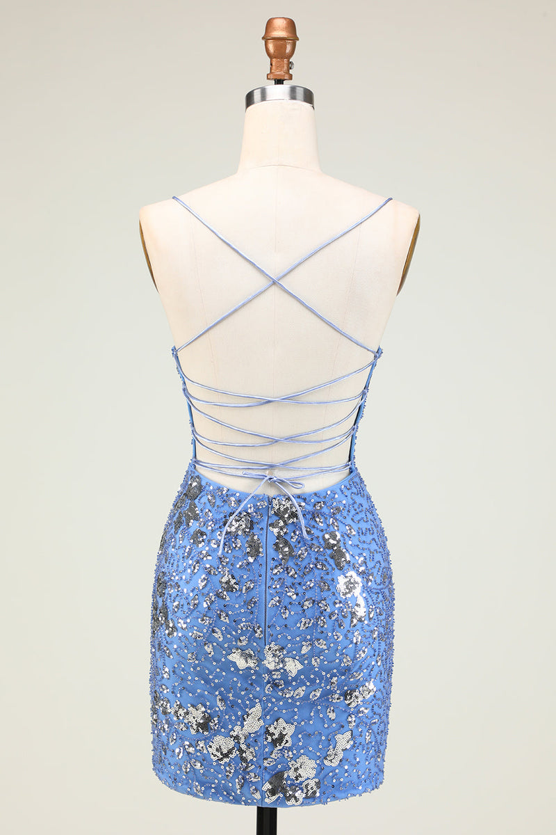 Load image into Gallery viewer, Blue Stylish Bodycon Spaghetti Straps Short Homecoming Dress with Sequins