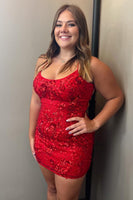 Load image into Gallery viewer, Stylish Bodycon Spaghetti Straps Blue Short Homecoming Dress with Sequins