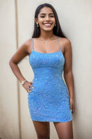 Load image into Gallery viewer, Sparkly Blue Spaghetti Straps Tight Short Homecoming Dress With Beading