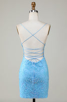 Load image into Gallery viewer, Sparkly Blue Spaghetti Straps Tight Short Homecoming Dress With Beading