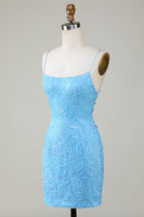 Load image into Gallery viewer, Sparkly Blue Spaghetti Straps Tight Short Homecoming Dress With Beading