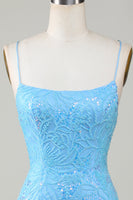 Load image into Gallery viewer, Sparkly Blue Spaghetti Straps Tight Short Homecoming Dress With Beading