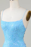 Load image into Gallery viewer, Sparkly Blue Spaghetti Straps Tight Short Homecoming Dress With Beading