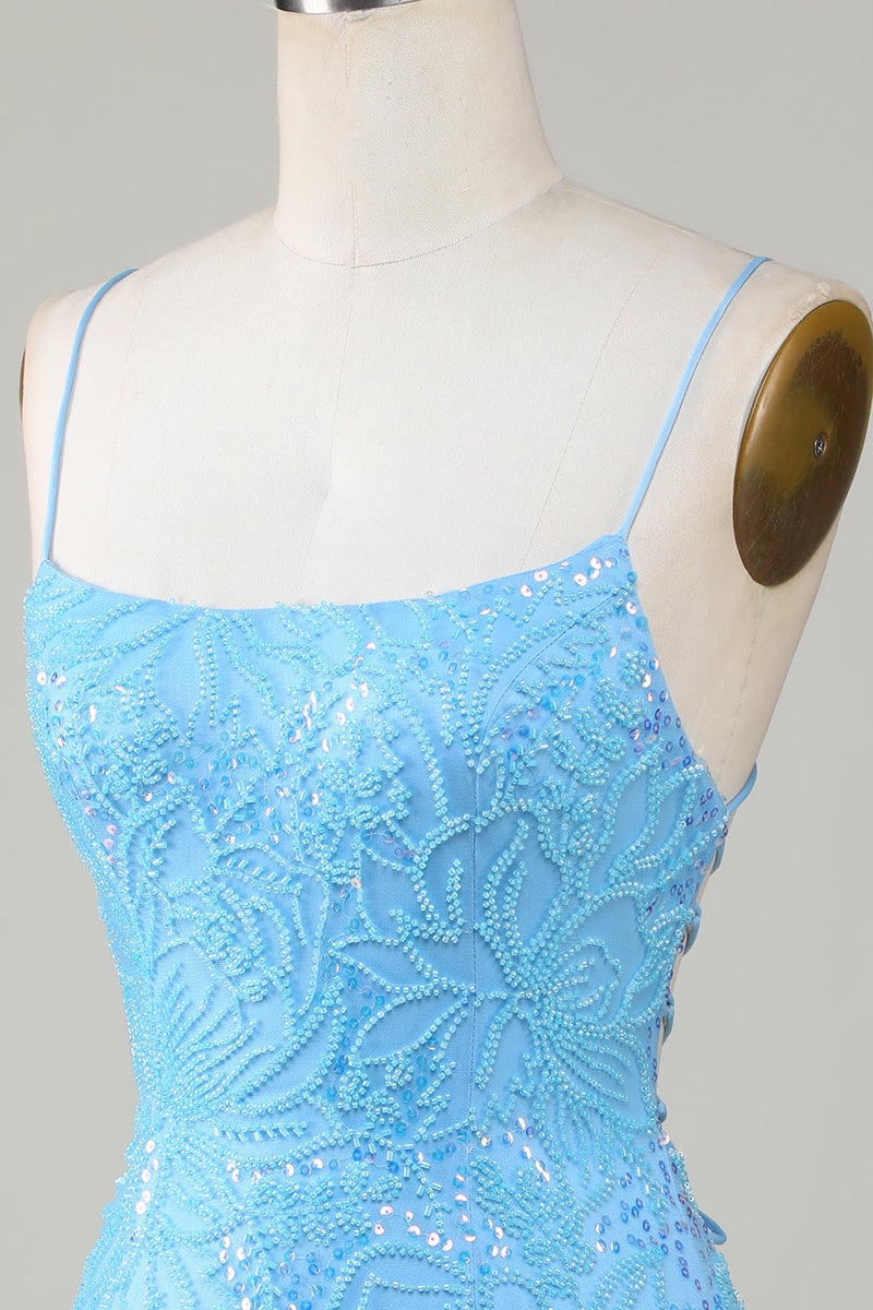 Load image into Gallery viewer, Sparkly Blue Spaghetti Straps Tight Short Homecoming Dress With Beading
