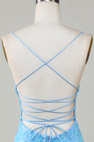 Load image into Gallery viewer, Sparkly Blue Spaghetti Straps Tight Short Homecoming Dress With Beading
