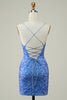 Load image into Gallery viewer, Blue Sheath Spaghetti Straps Short Homecoming Dress with Sequins